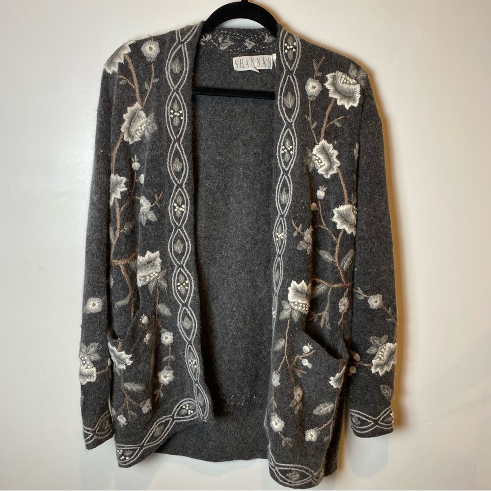 Shannan Women's Gray Floral Cardigan Lambs Wool Rabbit Hair Neutral